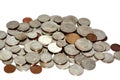 Pile of American coins of 1 cent, 5, 10, 25 c quarter, 50 cents, half dollar coin and one dollar, Vintage retro old American money Royalty Free Stock Photo