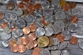 Pile of American coins of 1 cent, 5, 10, 25 cents quarter and one dollar, Vintage retro old American money background, United Royalty Free Stock Photo