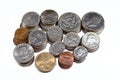 Pile of American coins of different times and values, 1 cents, dimes, quarters, half dollars, and dollars, vintage retro old Royalty Free Stock Photo