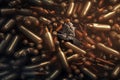 A pile of ammunition for weapons. Cartridges for machine guns and carbines. Background from new shiny cartridges. Neural