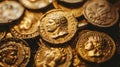 Pile of Ancient gold coins for background, lot of old Greek Roman money. Concept of Greece, wealth, antique, vintage collection, Royalty Free Stock Photo