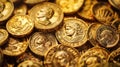 Pile of Ancient gold coins, lot of old Greek Roman money. Concept of Greece, wealth, antique, collection, luxury golden treasure