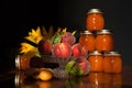Pile of apricot and peach jam jars