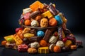 a pile of assorted candies on a black background