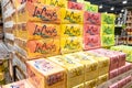 Pile of assorted cases of La Croix brand fruit flavored sparkling water Royalty Free Stock Photo