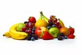 Pile of assorted fruit including bananas, apples, oranges and grapes. Generative AI Royalty Free Stock Photo