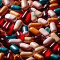 Pile of assorted pharmaceutical prescription pills with drugs, medicine, vitamins and supplements