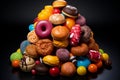 a pile of assorted sweets on a black background