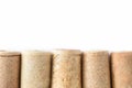 Pile of assorted used wine corks isolated on white background. Close up view. Royalty Free Stock Photo