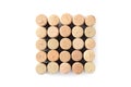 Pile of assorted used wine corks in shape of square isolated on white background. Close up top view. Royalty Free Stock Photo