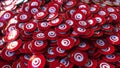 Pile of badges featuring flags of Tunisia, 3D rendering