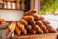 Pile of baguette wheat bread in bakery shop