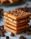 Pile of baked chocolate biscuits with choco chips on white background.AI generated