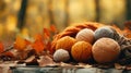 A pile of balls of yarn sitting on top of leaves