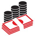 Pile of bank notes or bills and coins stacked. Royalty Free Stock Photo