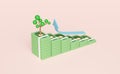 Pile banknote with tree,arrow isolated on pink pastel background.financial success and growth or saving money concept. ,3d