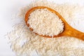 Pile of basmati rice in a wooden spoon.