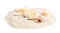 Pile of beach sand with beautiful  and sea shells on white background Royalty Free Stock Photo