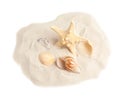 Pile of beach sand with  starfish and sea shells on white background, top view Royalty Free Stock Photo