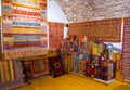 Pile of beautiful handmade carpets on the open market bazaar. Turkish traditional design Royalty Free Stock Photo