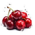 Pile of beautiful red cherries with water drops on white background