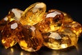 A pile of beautiful yellow citrine stones close-up on a black background. Generative AI