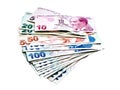 Turkish lira money Heap of banknotes over white background