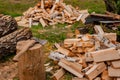 A pile of birch firewood on the green grass. Split logs. Sawdust. Royalty Free Stock Photo