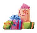 Pile of birthday gift boxes. Gifts tied with shiny ribbons and bonnets. Illustration for holiday, congratulations. Decor Royalty Free Stock Photo