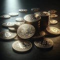 A pile of Bitcoin coins scattered across a smooth, dark surface, with an intricate pattern highlighted by soft lighting. Royalty Free Stock Photo