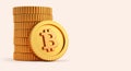 Pile of bitcoins BTC simple golden coins with copy space on neutral background for flyer in realistic 3D rendering. Cryptocurrency