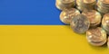 Pile of bitcoins and flag of Ukraine. National cryptocurrency regulations conceptual 3d rendering