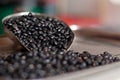 Pile of black beans sprinkled on weighing scales. Scoop of black beans. Detailed photo. Royalty Free Stock Photo