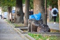 Pile of black garbage bags full of litter left for pick up on street side. Trash disposal concept