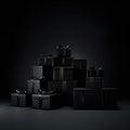 A pile of black gift boxes with bows on them, Black Friday background Royalty Free Stock Photo