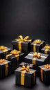 Pile of black gift boxes with bright bows. Generative AI Royalty Free Stock Photo