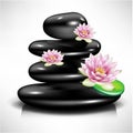 Pile of black massage stones and lotus flowers