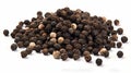 Pile of Black peppercorns (Black pepper) seeds isolated on white background. Generative AI Royalty Free Stock Photo