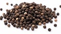 Pile of Black peppercorns (Black pepper) seeds isolated on white background. Generative AI Royalty Free Stock Photo