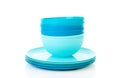 Pile of blue plastic plates and bowls Royalty Free Stock Photo
