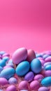 Pile of blue and purple eggs, with some being larger than others. They are arranged in an interesting way on top of bed Royalty Free Stock Photo