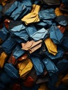 a pile of blue yellow and orange origami pieces