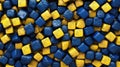 Pile of blue and yellow stone cubes. Colorful stone blocks, vibrant art background. Created with generative Ai