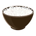 Pile of boiled jasmine rice in brown ceramic bowl. Vector illustration.