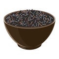 Pile of boiled wild rice in brown ceramic bowl. Vector illustration.