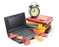 Pile of books and autumn leaves