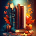 Pile of books with autumn leaves and pumpkins. Vector illustration Generative AI Royalty Free Stock Photo