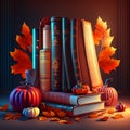 Pile of books with autumn leaves and pumpkins. Vector illustration Generative AI Royalty Free Stock Photo