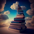 Pile of books book with a ladder to the sky, fantasy and magic, imagine a fairy tale story, world book day, wisdom and education Royalty Free Stock Photo