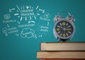 Pile of books with clock and white design doodles against teal background Royalty Free Stock Photo